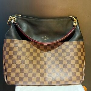 Louis Vuitton Damier Ebene Black Leather Shoulder Bag Red Strap